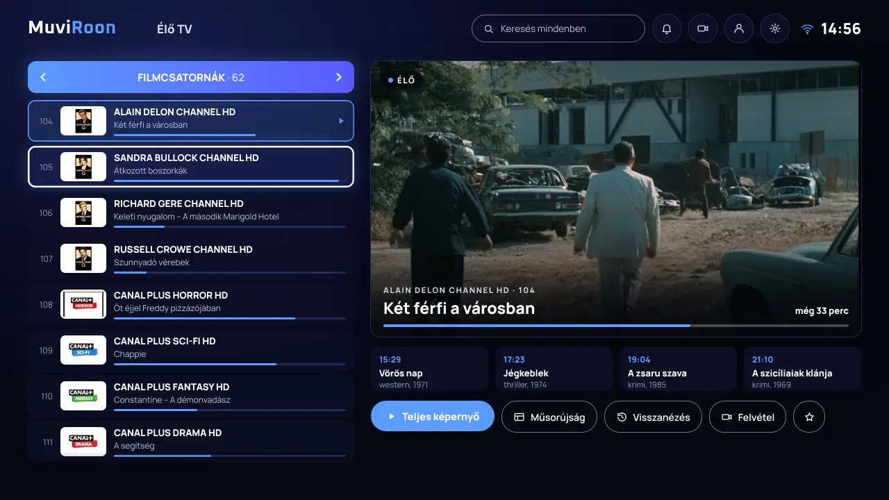 A Csempe kék Élő TV felülete csatornalistával és műsorelőnézettel, látványterv