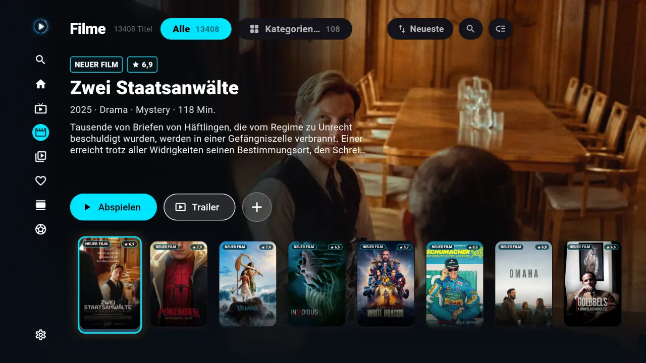 A Klasszikus filmkatalógusa plakátokkal, német nyelvű felületen, látványterv