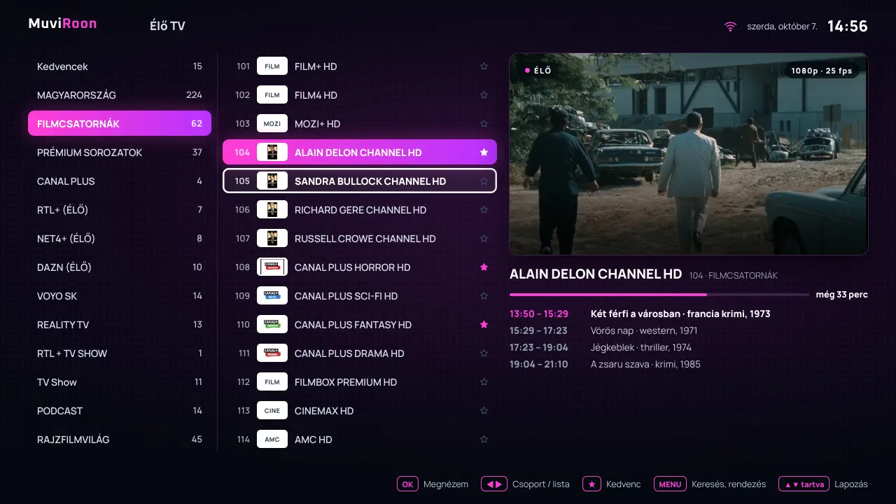 A Lista magenta Élő TV felülete kategóriákkal, csatornákkal és előnézettel, látványterv